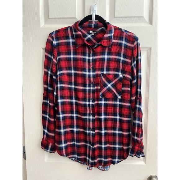 KUT FROM THE KLOTH Red Plaid Mix Media Button Up Shirt Blouse - Picture 1 of 13